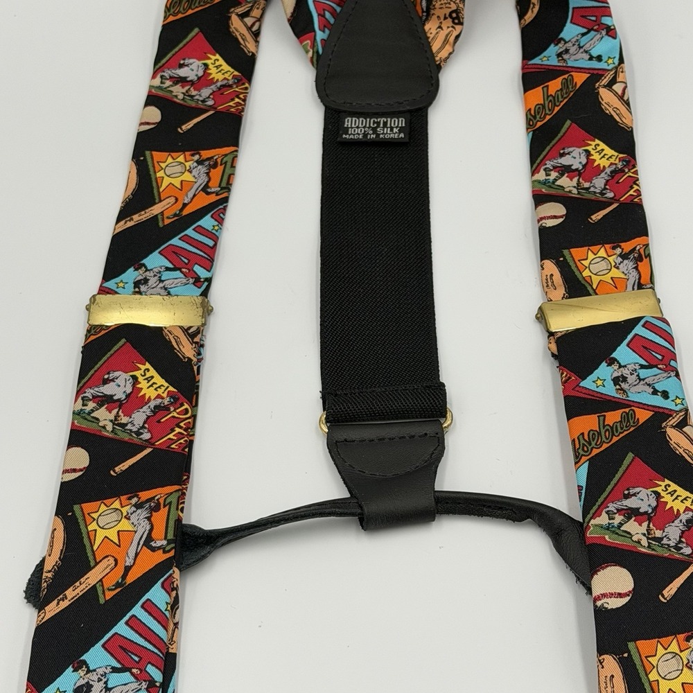 Vintage Addiction Suspenders Baseball Theme 100% Silk Made In Korea - Picture 4 of 6